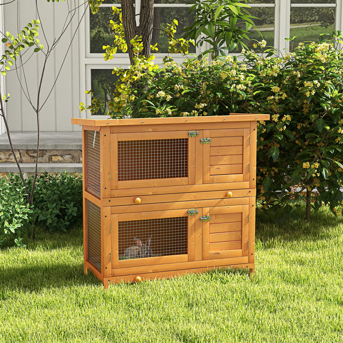 Pawhut Clapier A Lapin Cage A Lapin Double Niveau Plateaux Coulissants 4 Portes Verrouillables Toit Ouvrant 35.5\"l X 17.75\"l X 35.5\"h