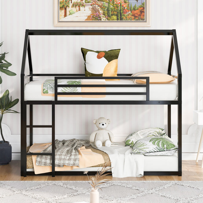 Lits superposes Liam en forme de maison avec echelle integree et cadre en metal, taille Twin sur Twin, noir