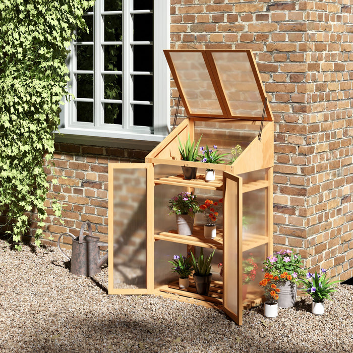 Outsunny Mini Serre De Jardin En Bois Avec 3 Etageres Toits Ouvrants Pour Exterieur Interieur Dim. 27.5\" X 19.75\" X 47.25\" Brun