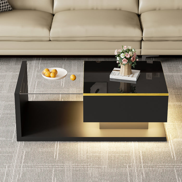 Ethan Table Basse Haute Brillance de 35,4\" avec Verre et Effet LED, Noir