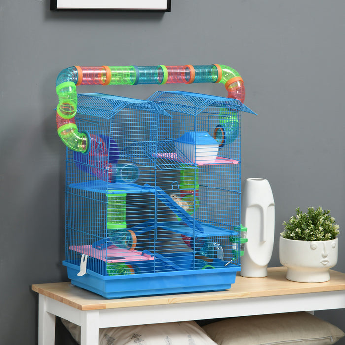 Cage Pour Hamster Souris Petit Animaux Rongeur Avec Tunnel Mangeoire Roue Jouet 47 X 30 X 59 Cm Cm Bleu