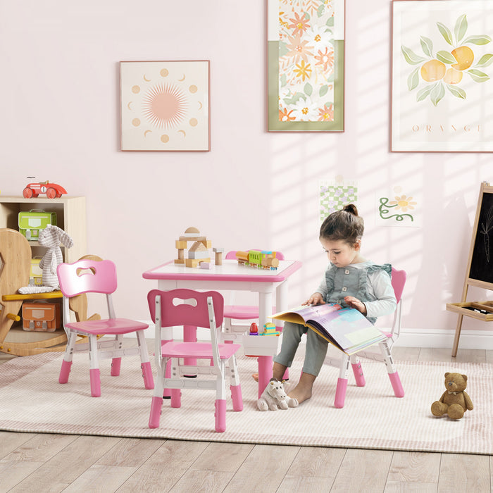 Qaba Ensemble Table Et Chaises Pour Enfants 5 Pieces, Ensemble Table Et Chaises Reglables En Hauteur, Ensemble Table Et Chaises D'activites Avec Rangement, Pour Salle De Jeux, Salle De Classe, Rose