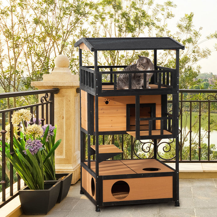 Pawhut Maison D'exterieur En Bois Pour Chat, Abri Pour Chat Sauvage, Arbre A Chaton Avec Toit En Asphalte, Portes De Secours, Condo, Plate-forme De Saut, Jaune