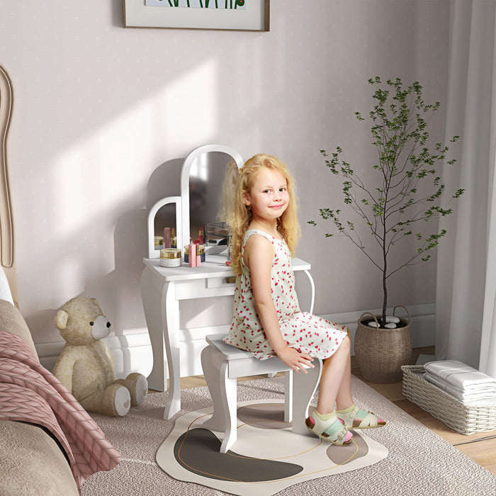 Qaba Ensemble Coiffeuse Et Chaises Pour Enfants, Coiffeuse Pour Filles, Bureau De Maquillage Avec Tiroir Pour Enfants De 3 A 6 Ans, Blanc