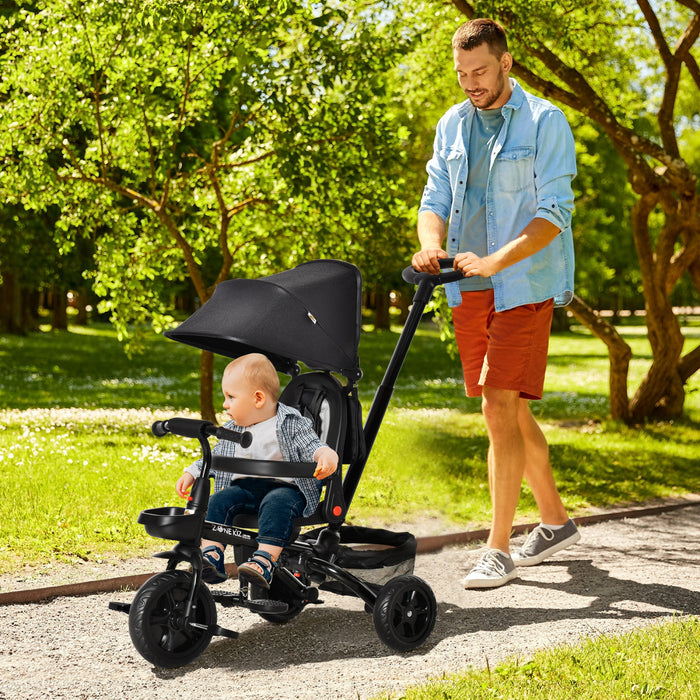Qaba Tricycle Enfants Evolutif 4 En 1 Canne Telescopique Amovible Et Pare-soleil Pliable Demontable Angle Du Dossier Reglable Siege Pivotant Sac Et Paniers Integres Metal 44\" X 20.5\" X 38.5\" Noir