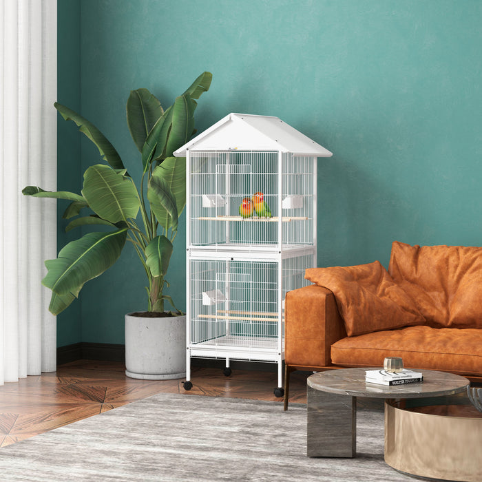 Pawhut Mangeoire Cage A Oiseaux En Metal Forge Avec Support Roulant Perchoirs Contenants Alimentaires Portes Roues 67\" H, Blanc