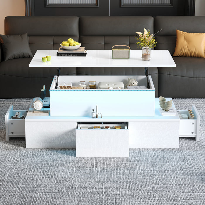 Daniel table basse relevable – table basse avec eclairage LED et 4 tiroirs, blanc