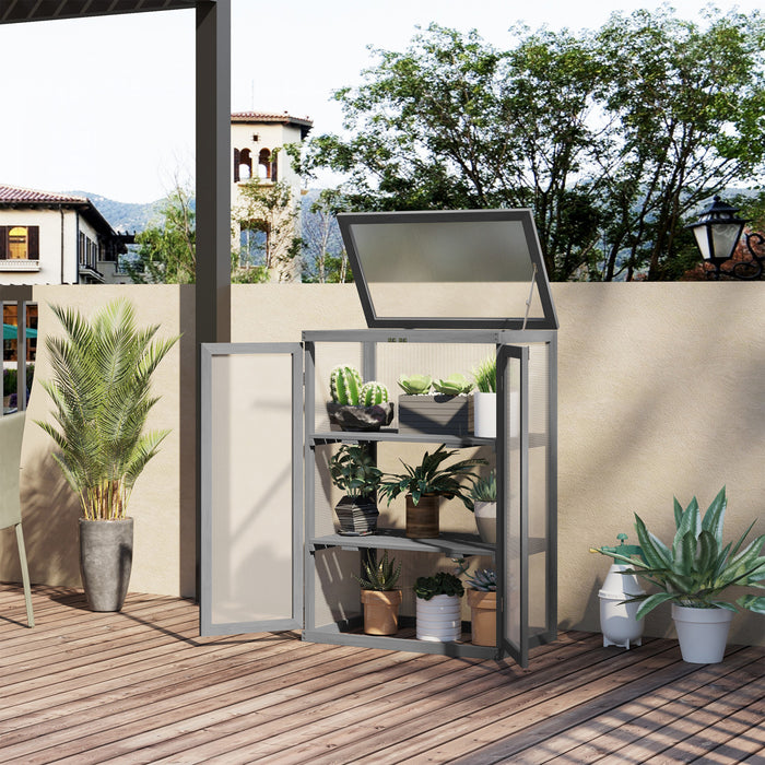 Outsunny Serre En Bois A 2 Niveaux Avec Cadre Froid Et Polycarbonate Pour La Culture Des Plantes, Jardin Portable, Gris Fonce.