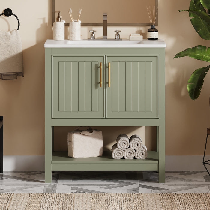 Simona Meuble-lavabo En Bois Massif 30\" Avec Vasque En Ceramique Et Espace De Rangement - Vert