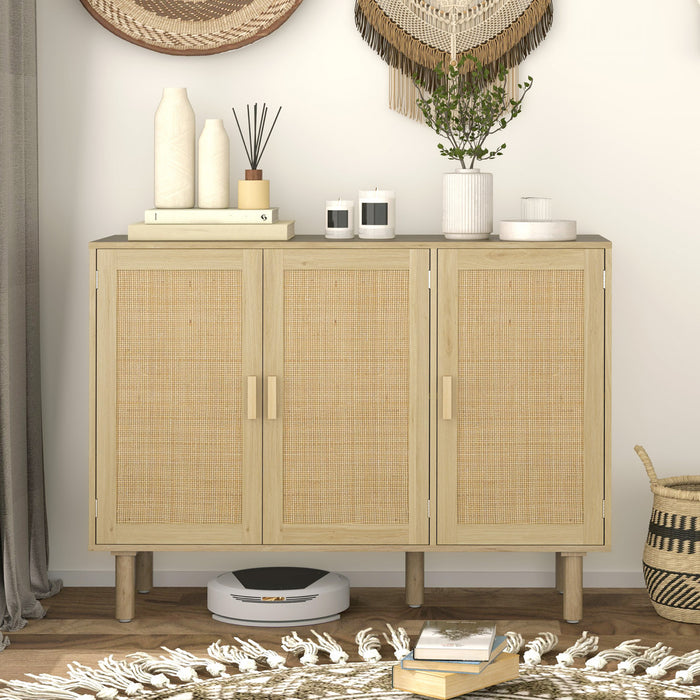 HOMCOM Buffet Boheme avec 3 portes en rotin et etageres, Chene