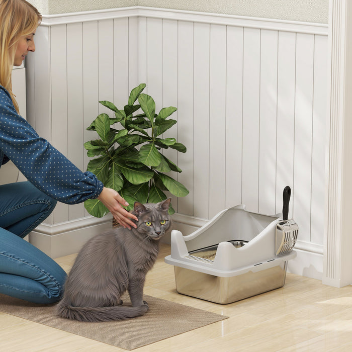 Bac a Litiere pour Chat en Acier Inoxydable avec Pelle, Gris