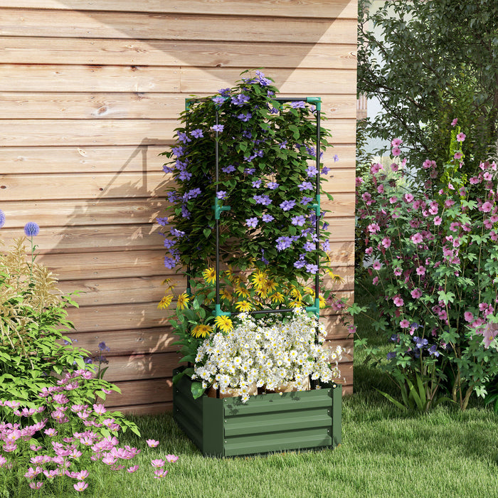 Outsunny Jardiniere Surelevee, 24\" X 24\" X 11.8\" Jardiniere Exterieure Galvanisee Avec 3 Niveaux De Treillis Cage A Tomates Et Fond Ouvert Pour Vignes Grimpantes, Legumes, Fleurs, Vert.