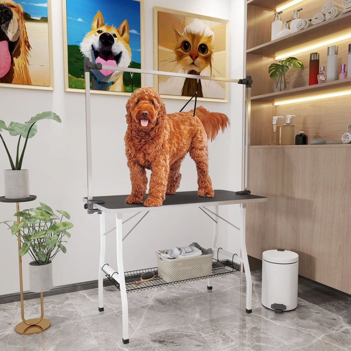 Pawhut Table De Toilettage Pliable Pour Chien, Table De Toilettage Pour Animaux De Compagnie Avec Bras De Toilettage Reglables, Etagere De Rangement,, 42\" X 24\" X 30\", Noir
