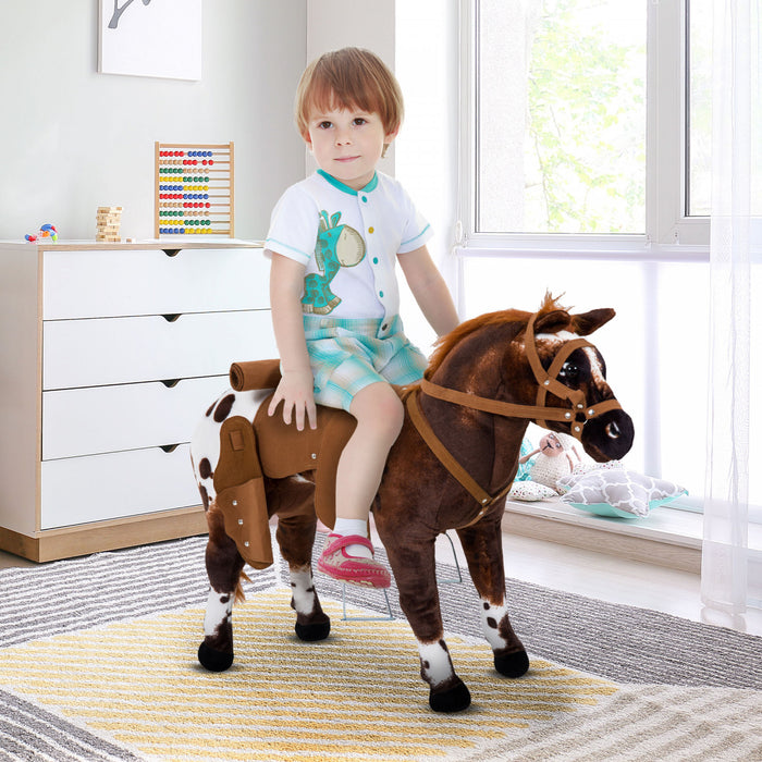 Qaba Cheval A Bascule Enfants Cowboy Peluche Poney Jouet Avec Hennissement Marron