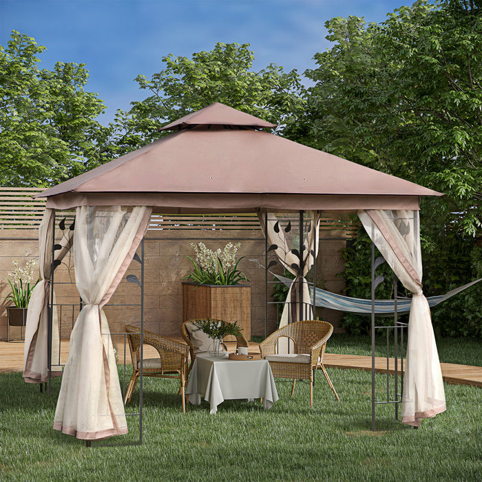 Outsunny 10' X 10' Gazebo De Terrasse Exterieure Avec Toit En Polyester A 2 Niveaux, Parois Laterales En Rideau Et Cadre En Acier, Beige