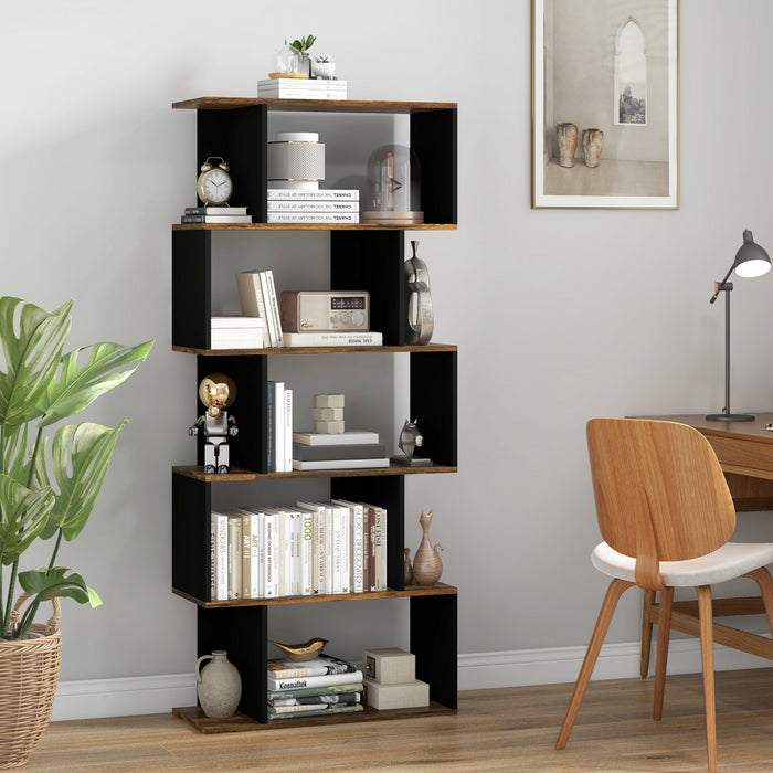HOMCOM Bibliotheque etroite a 5 niveaux, en forme de S, Marron Rustique