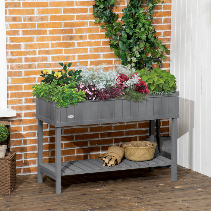 Outsunny 43.25\" X 18\" X 30\" Stand De Plantes De Jardin En Bois Eleve Lit De Fleurs Sureleve Exterieur Boite A Grille 8 Avec Rangement Etagere Jardin Planteur D'herbes Gris Fonce