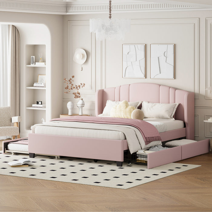 Lit plateforme Jean rembourre avec tete de lit a oreilles et tiroirs de rangement, taille queen, rose