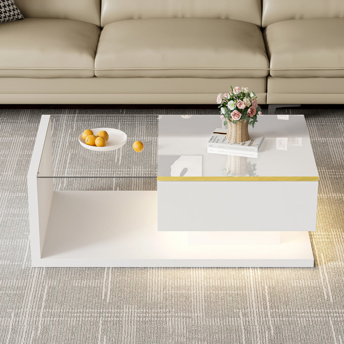Ethan Table Basse Haute Brillance de 35,4\" avec Verre et Effet LED, Blanc