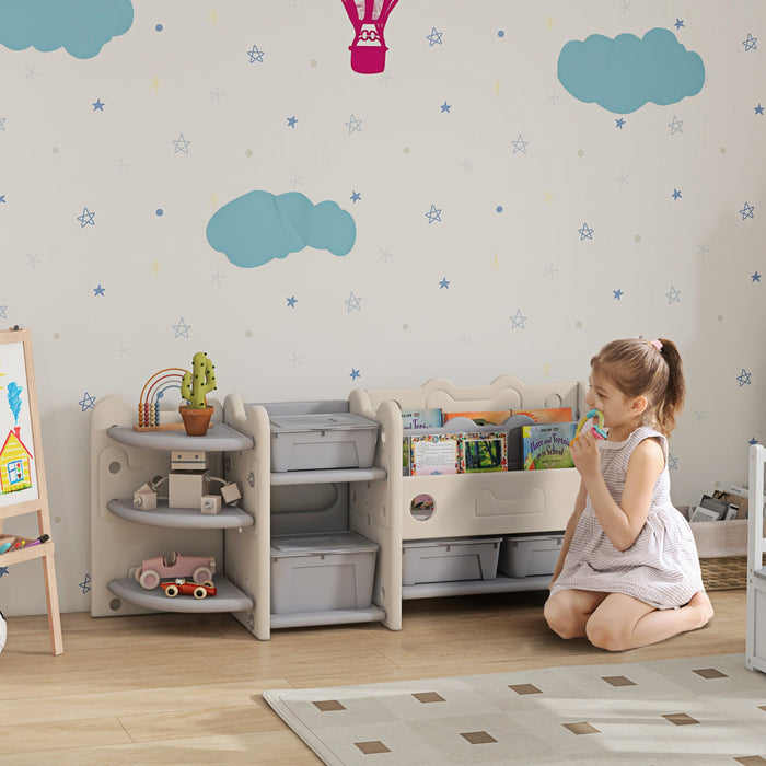 Qaba Organiseur De Rangement Pour Jouets Avec 4 Boites De Rangement, Etageres, Supports De Rangement, Organiseur De Jouets Pour Chambre D'enfant, Chambre D'enfant, Salle De Jeux, Blanc Creme