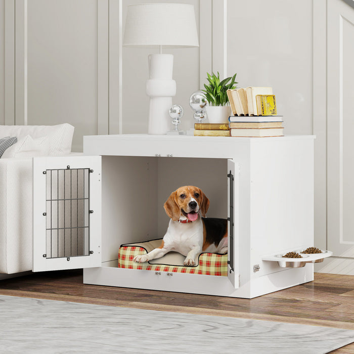 Pawhut Cage Pour Chien Avec Gamelles Amovibles Rotatives A 360°, Table D'appoint Laterale Pour Niche Avec Deux Portes, Pour Chiens De Taille Moyenne, 31.5\" X 24\" X 25\", Blanc