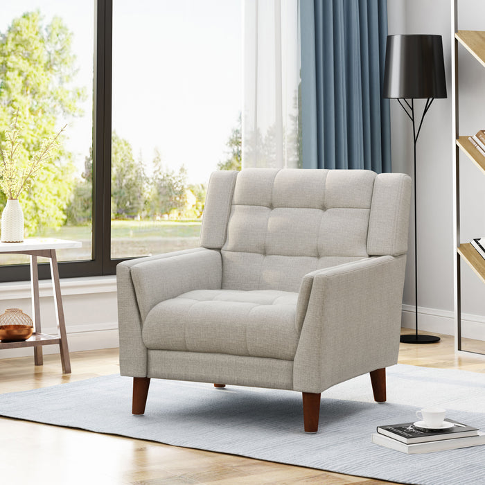Midway Fauteuil Moderne du Milieu de Siecle a Point Capitonne Gaufre, Beige, Noyer