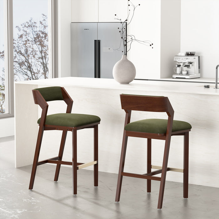 Tabouret de bar moderne en bois Patricia avec revetement en tissu vert tortue - Lot de 2