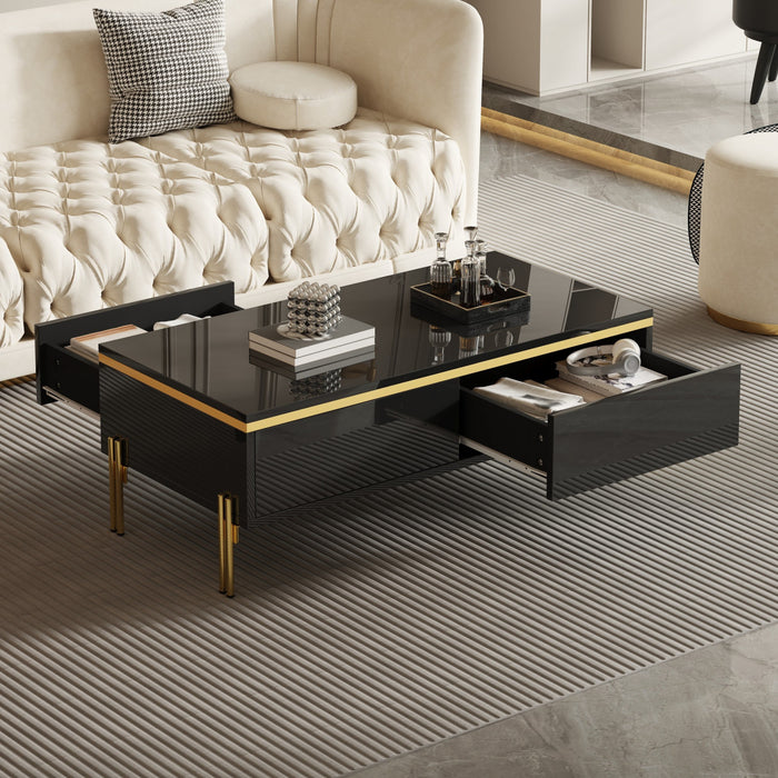 Lustra Table Basse Moderne Haute Brillance 39.4 po avec Double Tiroirs et Accents Dores, Noir