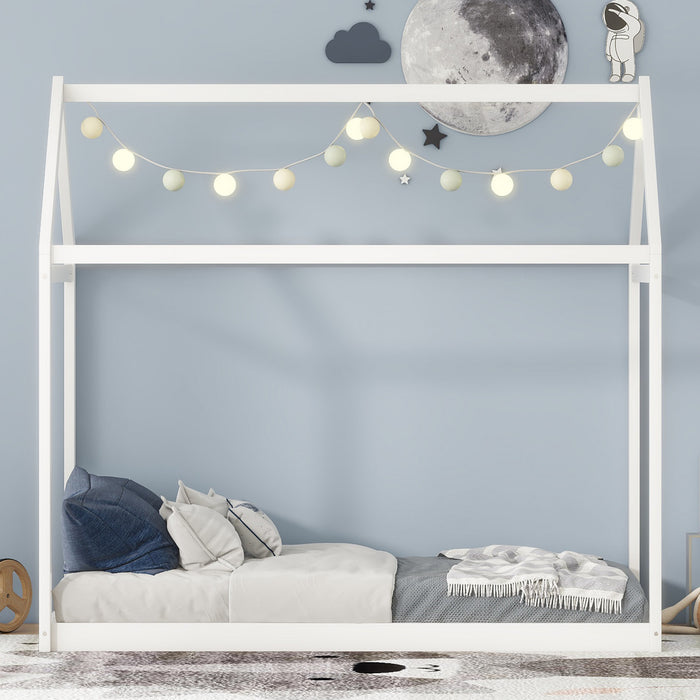 Lit De Maison En Bois Massif Au Design Facile A Nettoyer Avec Cadre De Toit, Taille Simple, Blanc