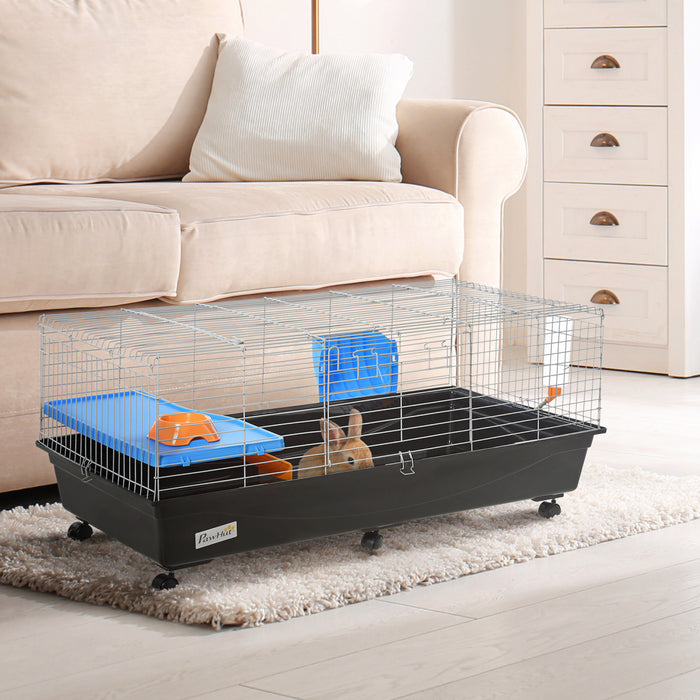 Pawhut Cage Pour Petits Animaux De 47\", Cage A Lapin Roulant, Cage Pour Cochon D'inde Avec Plat De Nourriture, Bouteille D'eau, Mangeoire A Foin, Rampe Pour Furet Chinchilla, Noir