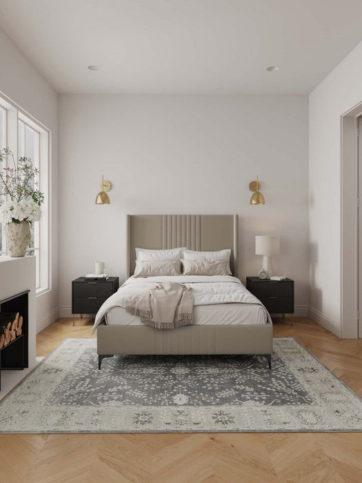 Lit complet Promenade de style mid-century moderne, rembourre en velours, coloris taupe rustique