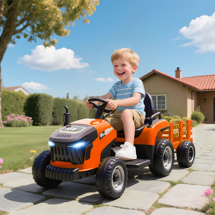 Qaba Tracteur Pour Enfants Avec Remorque, Voiture Pour Enfants 12 V, Orange
