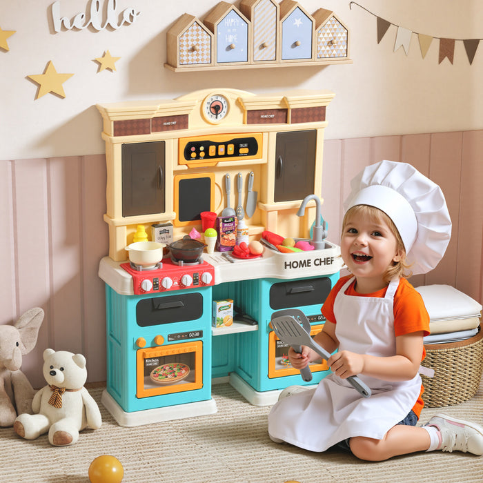 Cuisine enfant Qaba pour tout-petits, cuisine enfant avec sons et lumieres realistes, evier, cuisiniere, horloge, batterie de cuisine, accessoires, ensemble de nourriture pour enfants de 3 a 6 ans, vert
