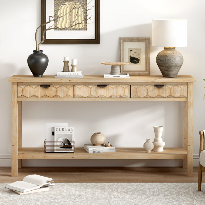 Table d'entree Oliver 60'' en placage de sapin avec design en nid d'abeille et tiroirs, naturel