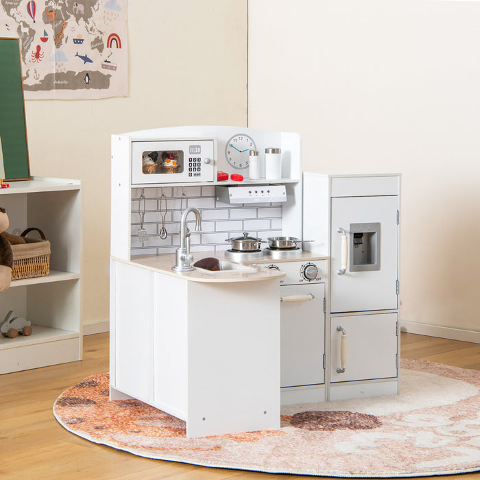 Ensemble De Jeu De Cuisine Pour Enfants D’angle, Cuisine De Jeu En Bois Avec Evier, Cuisiniere, Hotte, Refrigerateur Separe, Distributeur D'eau, Ustensiles De Cuisine, Cuisine De Jeu De Chef En Bois Pour Les Tout-petits, Blanc