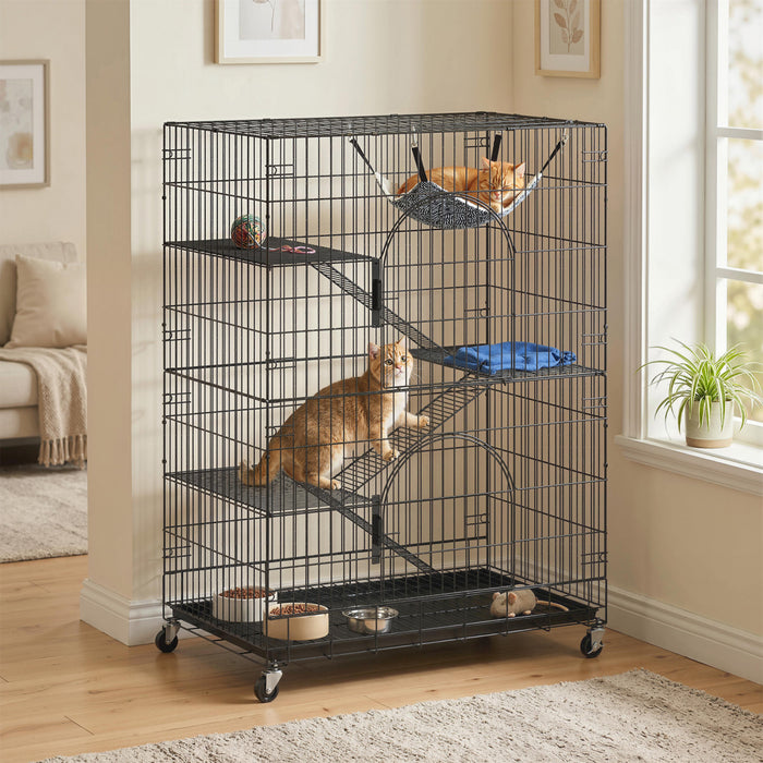 Cage pour Chats a 4 Niveaux, Enclos Grand Format en Metal avec Roues