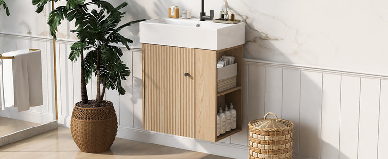 Camille Meuble de salle de bain flottant avec vasque en ceramique et rangement cote droit, Naturel