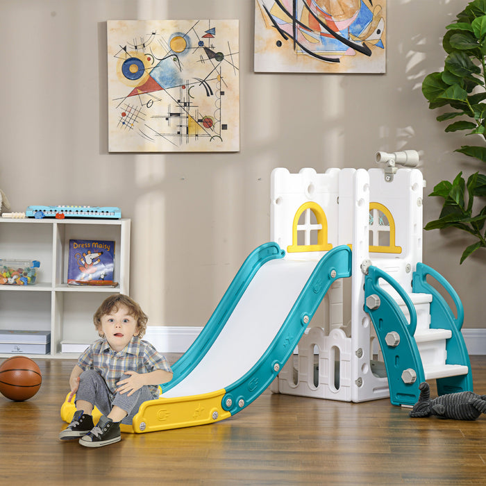 Qaba Toboggan 4 En 1 Pour Enfants Ages De 1 A 3 Ans Avec Panier De Basket, Grimpeur, Telescope, Panier De Rangement, Pour Usage Interieur, Jaune