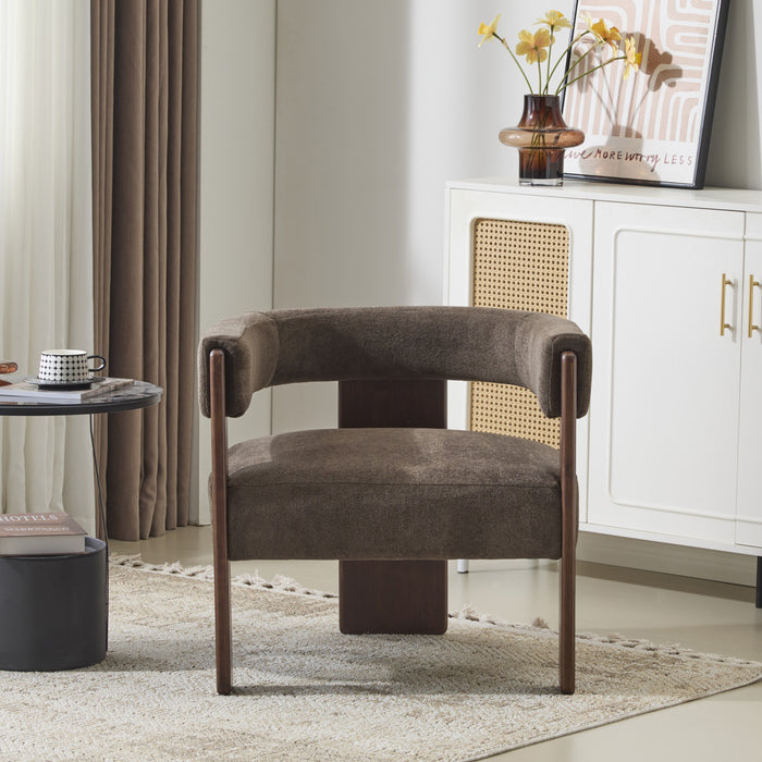 Olivia Fauteuil d’appoint rembourre en velours avec dossier cylindrique et structure en bois de caoutchouc, marron fonce