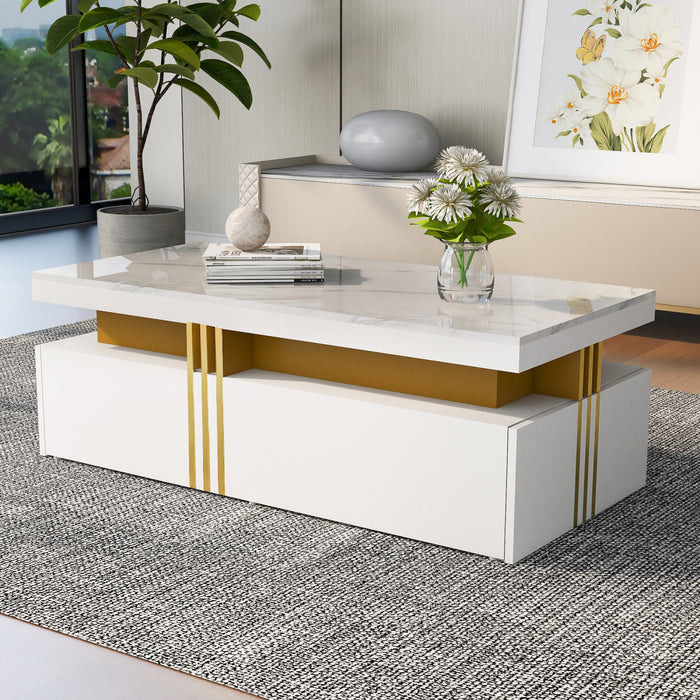Noah table basse moderne – table avec plateau a motif marbre et tiroirs de rangement, blanc