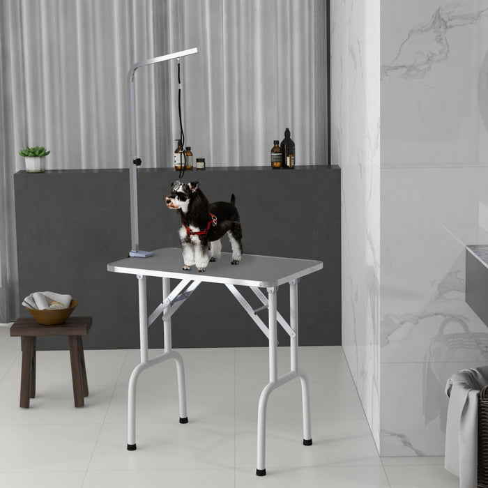 Pawhut Table De Toilettage Pour Petits Chiens, Table De Toilettage Pliable Pour Chiens Et Chats Avec Bras Reglable, Surface Antiderapante, Gris