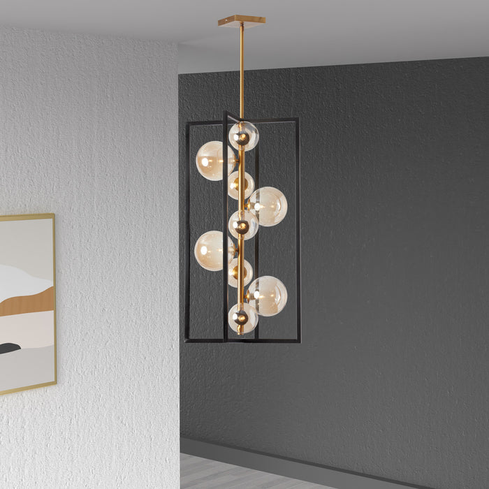 Luminaire suspendu Glasgow de Dainolite en verre champagne, avec fini noir mat et bronze rétro, et 9 ampoules