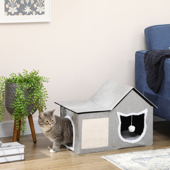 Lit Pour Chat Pawhut D'interieur, Grande Maison Pour Chat Avec Coussin Moelleux, Griffoir, Balle Suspendue, Niche Pour Chaton Avec Entree Double, Gris