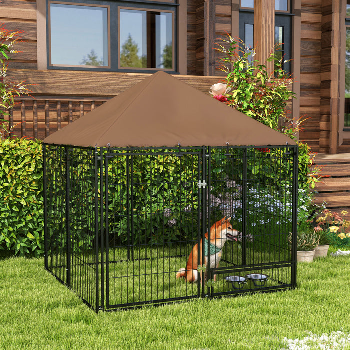 Pawhut Chenil Exterieur Pour Chien De 4.6' X 4.6' X 5' Avec Auvent, Bols Rotatifs, Porte Pour Cour Et Jardin, Cafe