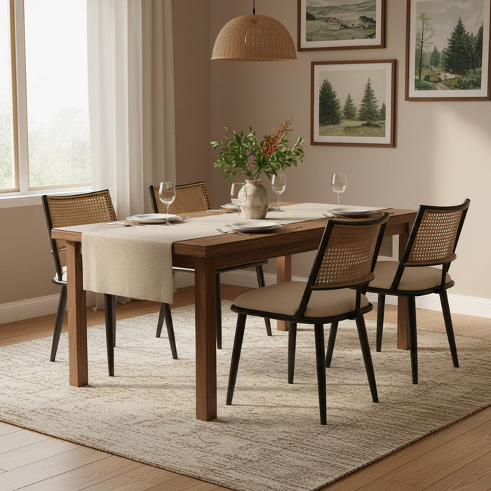Chaises de salle a manger modernes Oliver avec assise rembourree en PU et dossier en rotin PE, lot de 4, noir