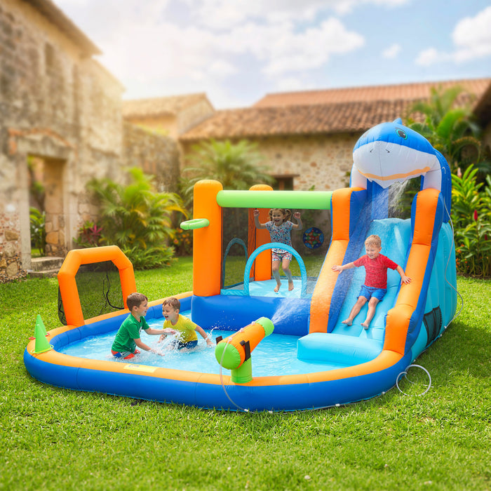 Chateau gonflable Qaba sur le theme des requins pour enfants avec toboggan, bleu