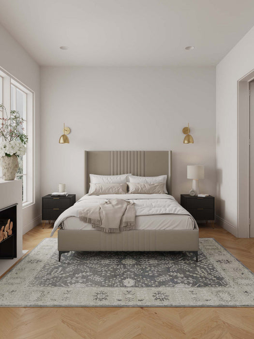 Lit Queen Promenade style milieu du siecle moderne en velours capitonne, coloris taupe rustique