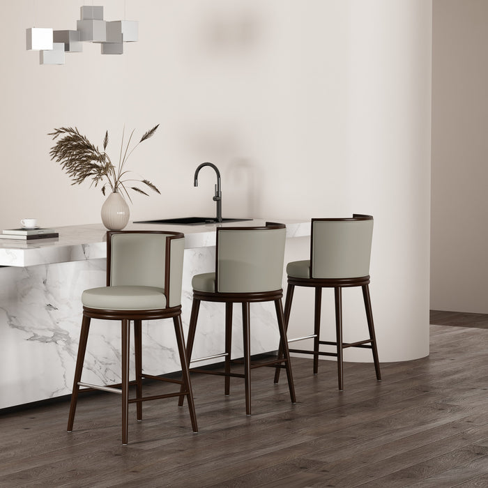 Tabouret de bar moderne en bois et tissu Evalyn, coloris pierre - Lot de 3