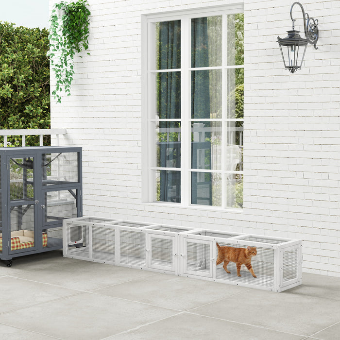 PawHut Tunnel pour Chat, Enclos Exterieur avec Design Combinable, 8 Portes, 98\", Jouet pour Chat, Maison, Fenetre, Cage, Blanc