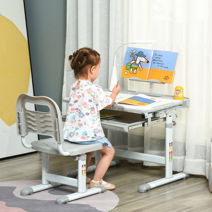 Qaba Ensemble Bureau Et Chaise Pour Enfants, Bureau D'ecriture Reglable En Hauteur, Table D'etude Avec Bureau Inclinable, Lampe Led, Tiroir, Tableau De Lecture, Porte-gobelet, Gris